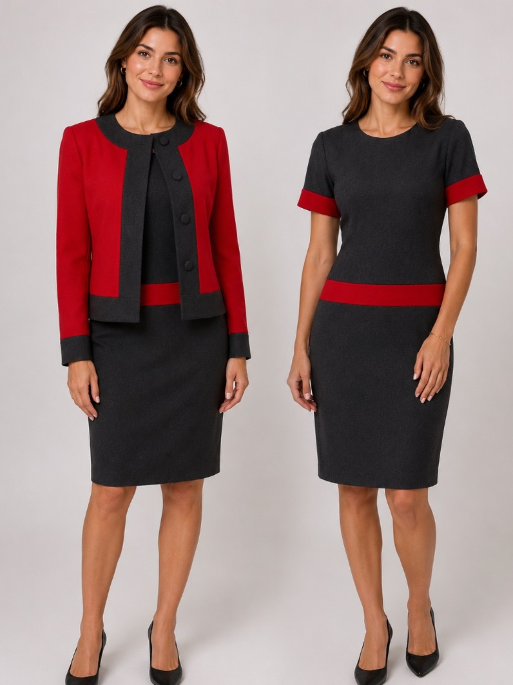 Custom-Made Charcoal Gray and Red Two-Piece Dress Suit Set